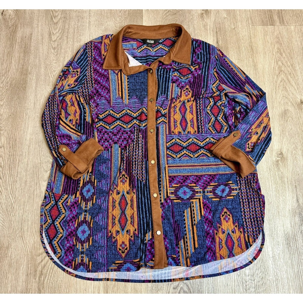 Slim Factor Investments Shirt Womens L Aztec Southwestern Button Up Roll Up